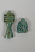 An Egyptian turquoise glazed Faience Shabti head amulet and a similar token in the form of a Djed