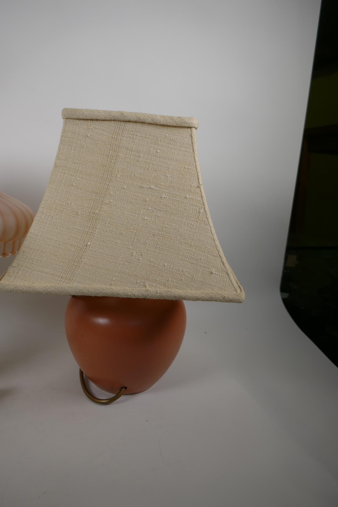 A brass table lamp with pink frosted glass shade, 16" high and two other lamps - Image 4 of 4