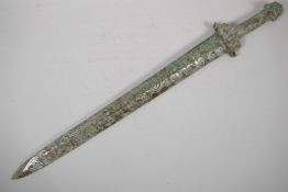 A Chinese archaic style mixed metal short sword with decoration to the blade, 26" long