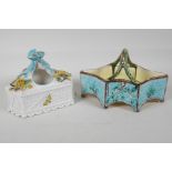 A C19th floral encrusted porcelain triangular basket planter, with ribbon handle. 5½ high and a
