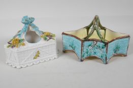 A C19th floral encrusted porcelain triangular basket planter, with ribbon handle. 5½ high and a