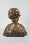 A glazed terracotta bust of a girl in a shawl. 12 high