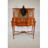 C19th Dutch shaped front satinwood dressing table with shield shaped mirror and two cupboards with