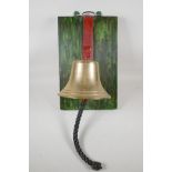 A brass school bell/dinner bell, 16" high