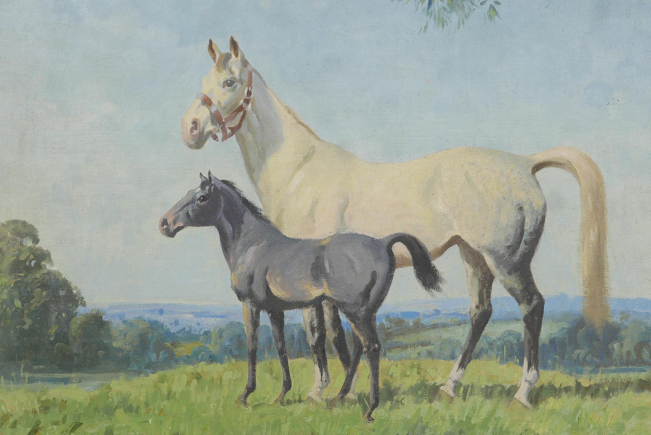 W. R Jennings, horse & colt in a landscape, oil on canvas. Board signed, labelled verso "Snowy &