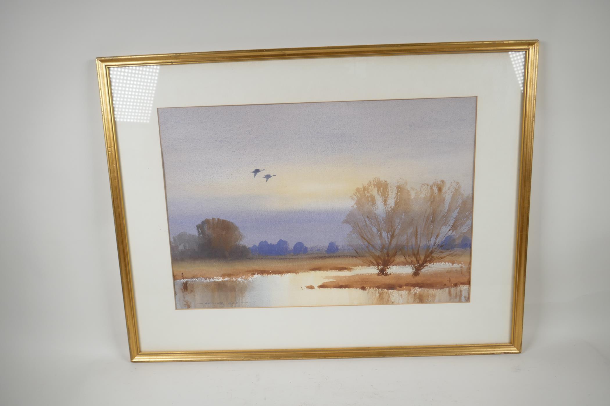 Arthur Gee, watercolour of a Broadlands scene with flying geese. 18" x 12" - Image 3 of 5