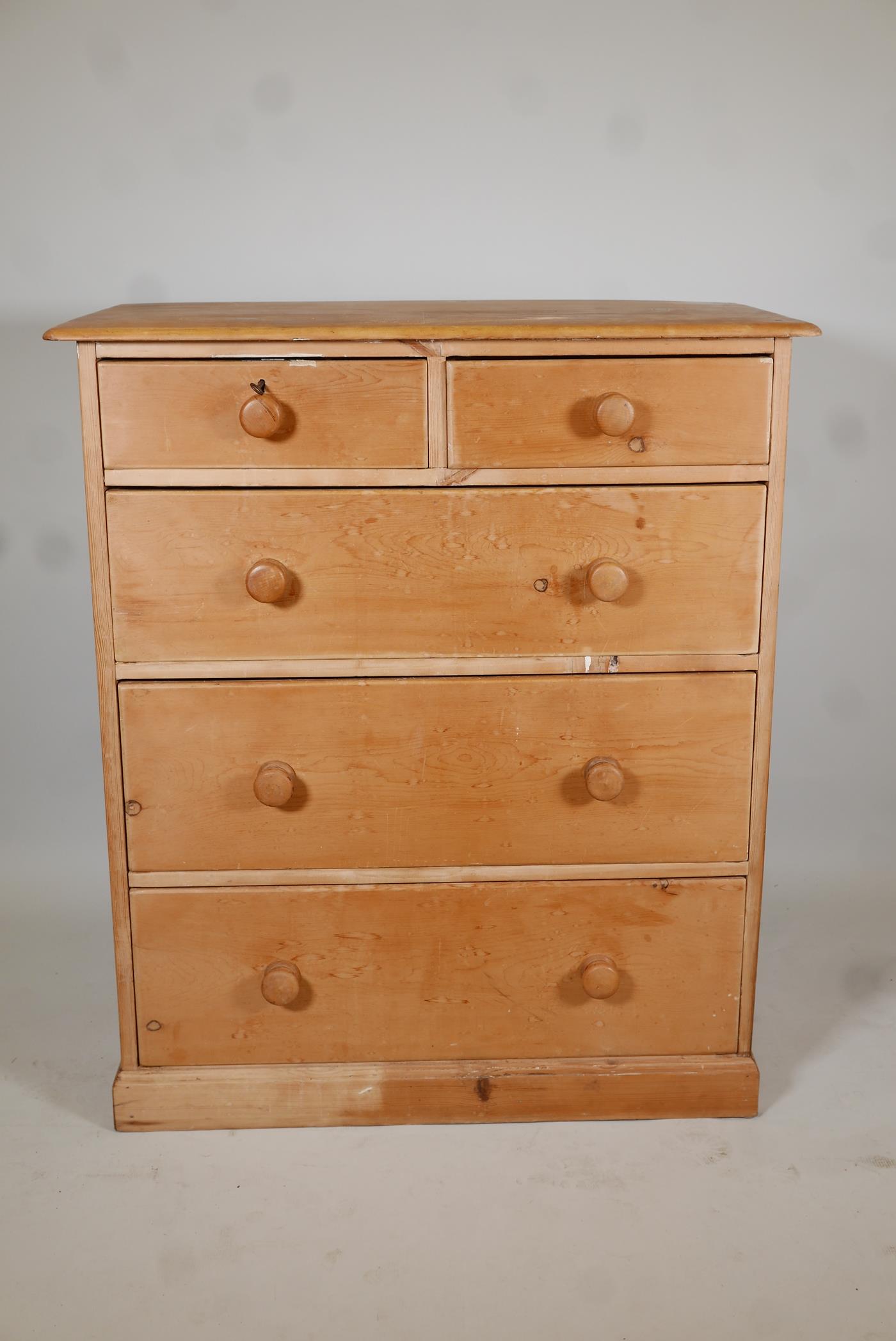 C19th stripped pine chest of two over three drawers, raised on a plinth base, 37" x 20" x 43" - Image 2 of 3