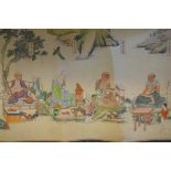 A Chinese printed scroll depicting an extensive scene with Buddha and acolytes, 74" x 12"