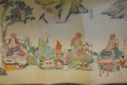 A Chinese printed scroll depicting an extensive scene with Buddha and acolytes, 74" x 12"