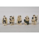 A collection of five Meiji period carved & painted Netske, all signed to base, 2" high