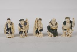 A collection of five Meiji period carved & painted Netske, all signed to base, 2" high