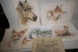 R. E Thornton, x4 unframed ink and wash drawings of animals. Largest 22' x 14". Together with a