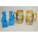 A pair of majolica jugs decorated with a pipe smoker and a snuff taker, 10" high, and a pair of