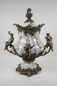 A crackle glazed ceramic urn & cover with polychrome enamel floral decoration & French style bronzed