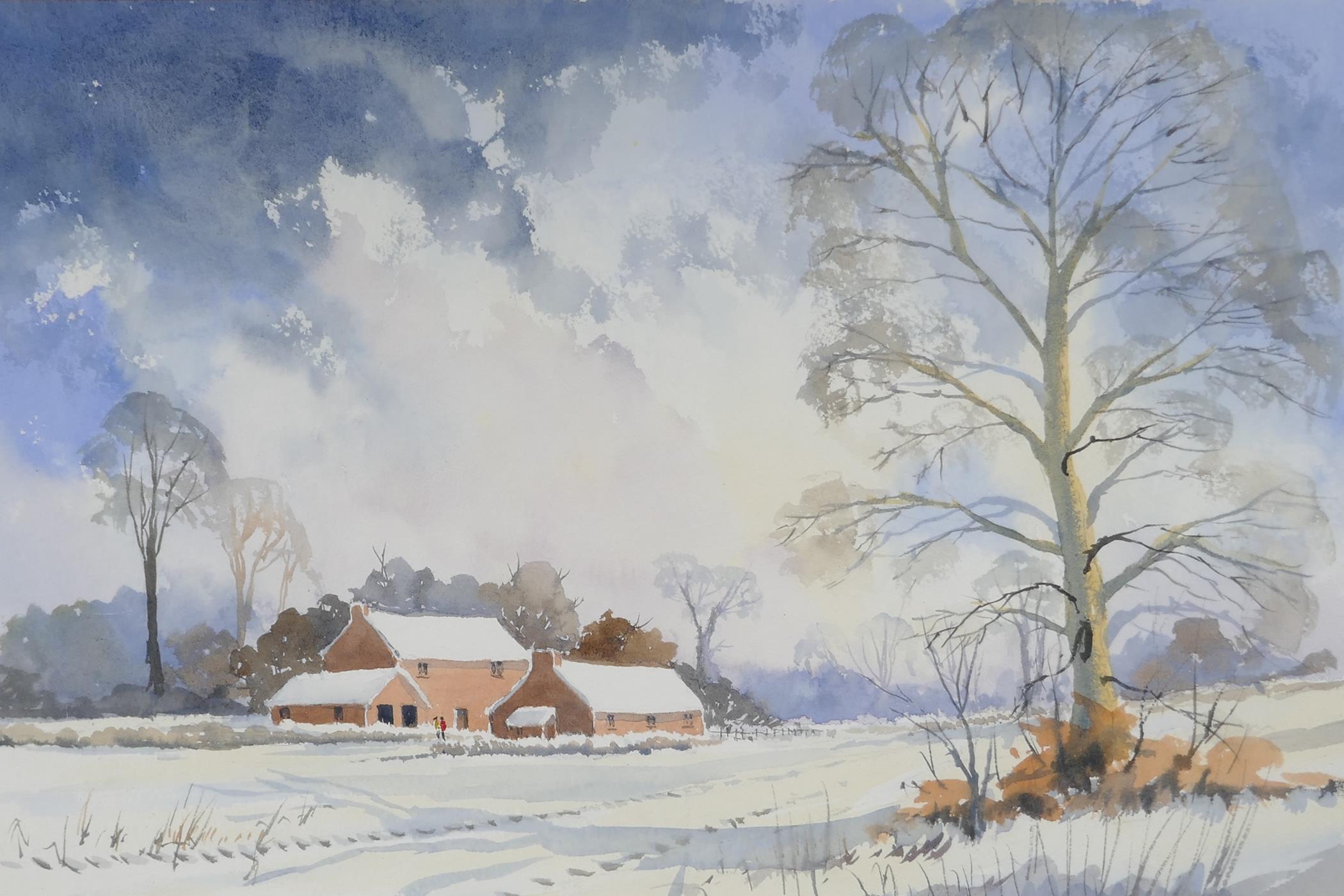 Frank Halliday, snow covered rural landscape with farm buildings, signed watercolour, 21" x 14" - Image 4 of 6