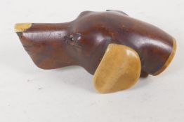 A C19th carved wood parasol handle, carved as a dogs head, with bone ears and nose. 3" long
