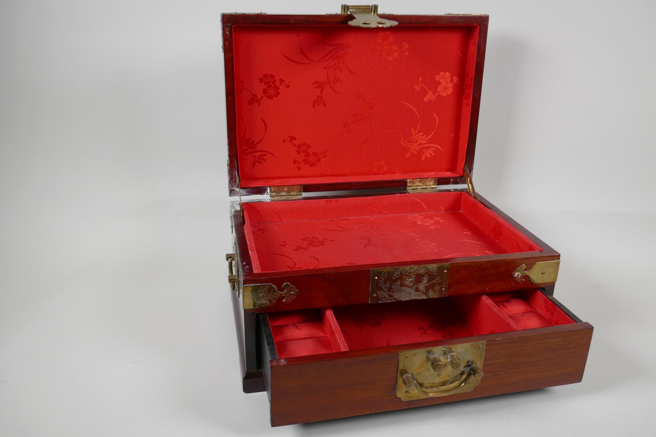 An Oriental brass bound hardwood jewellery box. With inset carved jade plaque to the lid and - Image 2 of 6