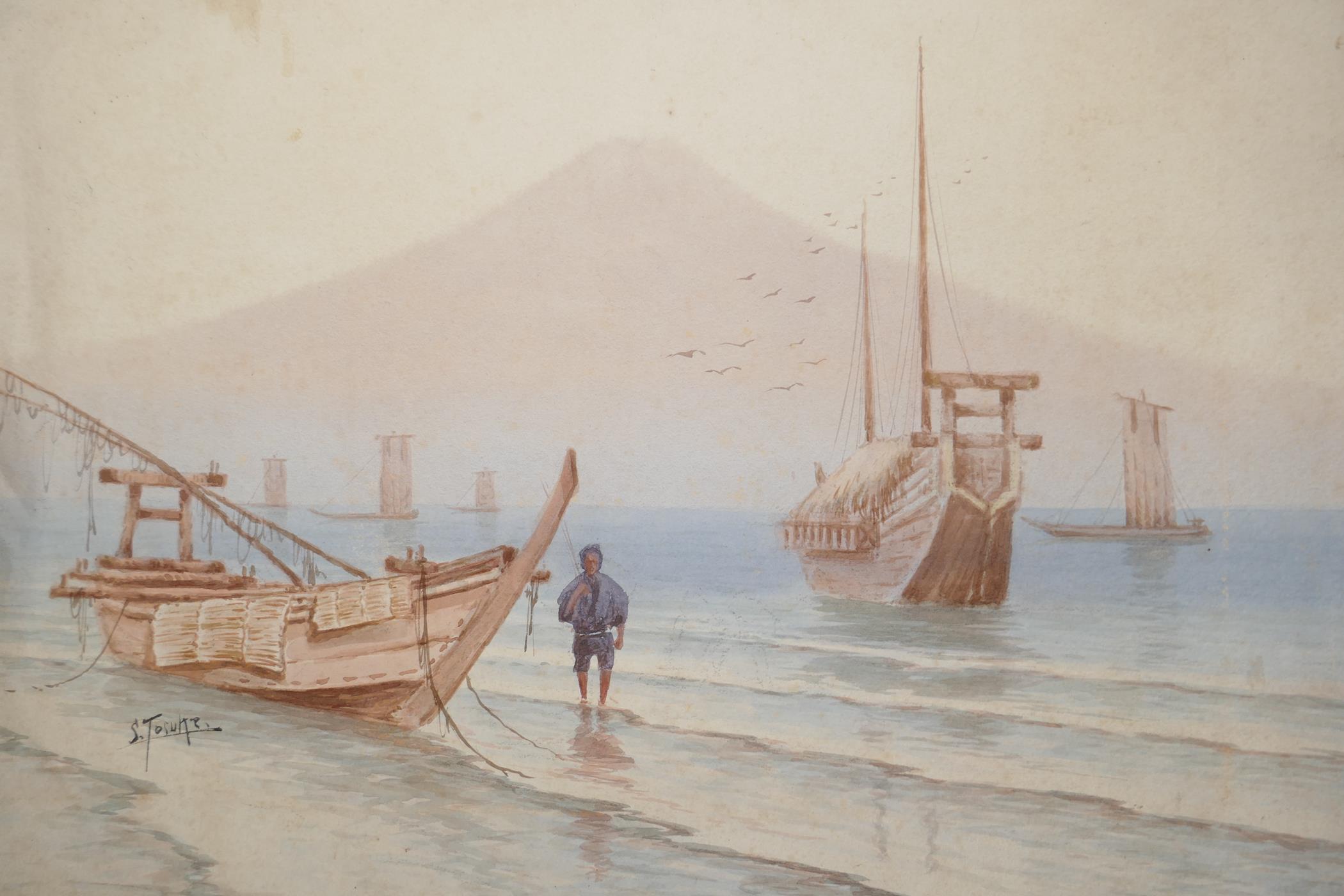 S.Tosube, a Japanese watercolour of a fisherman and boats in the harbour and Mount Fuji beyond,