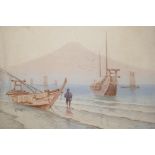 S.Tosube, a Japanese watercolour of a fisherman and boats in the harbour and Mount Fuji beyond,
