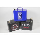 Three ornamental replica fuel cans, decorated with manufacturers names. Each 6" x 8" x 5"