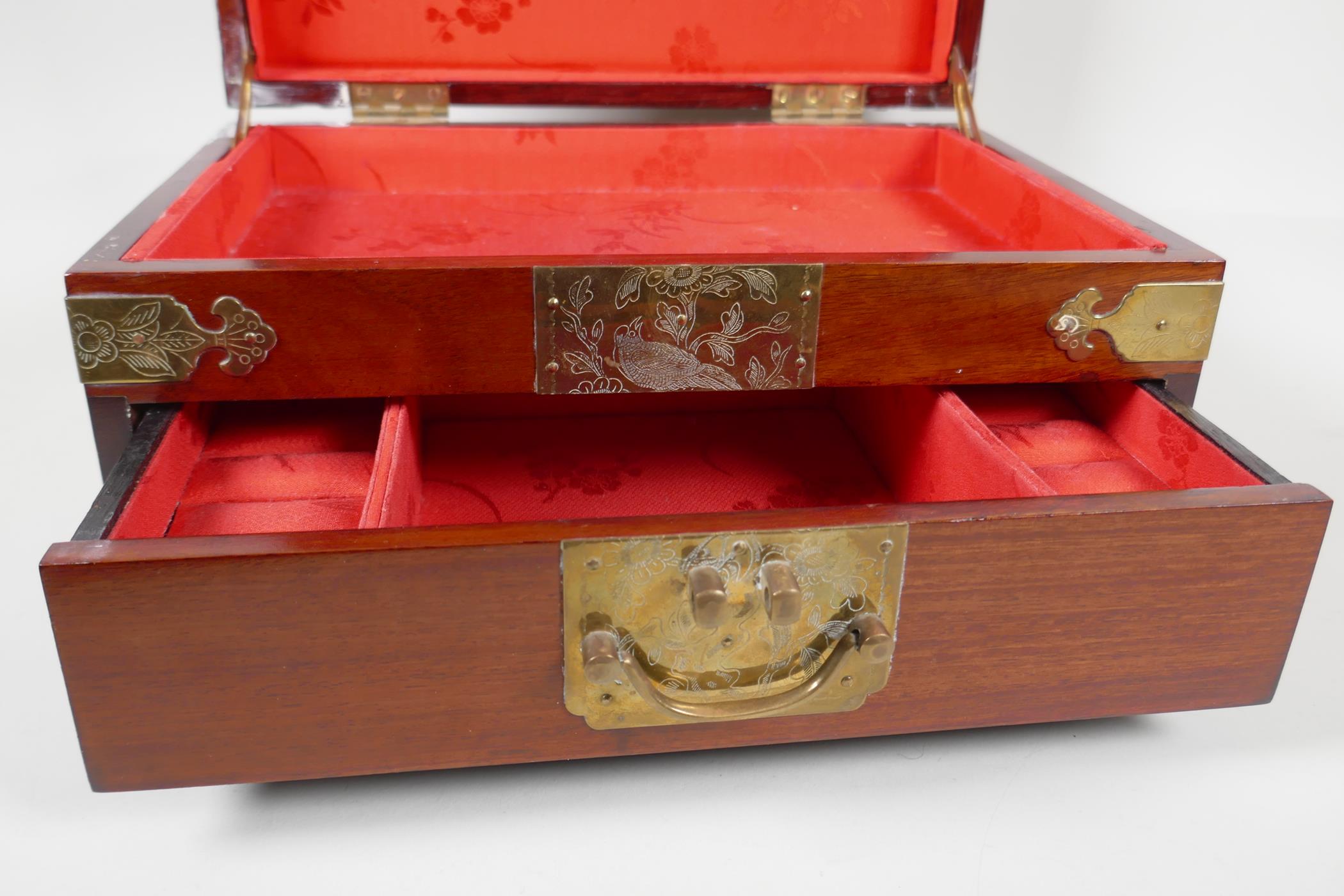 An Oriental brass bound hardwood jewellery box. With inset carved jade plaque to the lid and - Image 3 of 6