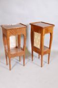 A pair of French parquetry lamp tables, with pull up screens and frieze drawer, the undertier with