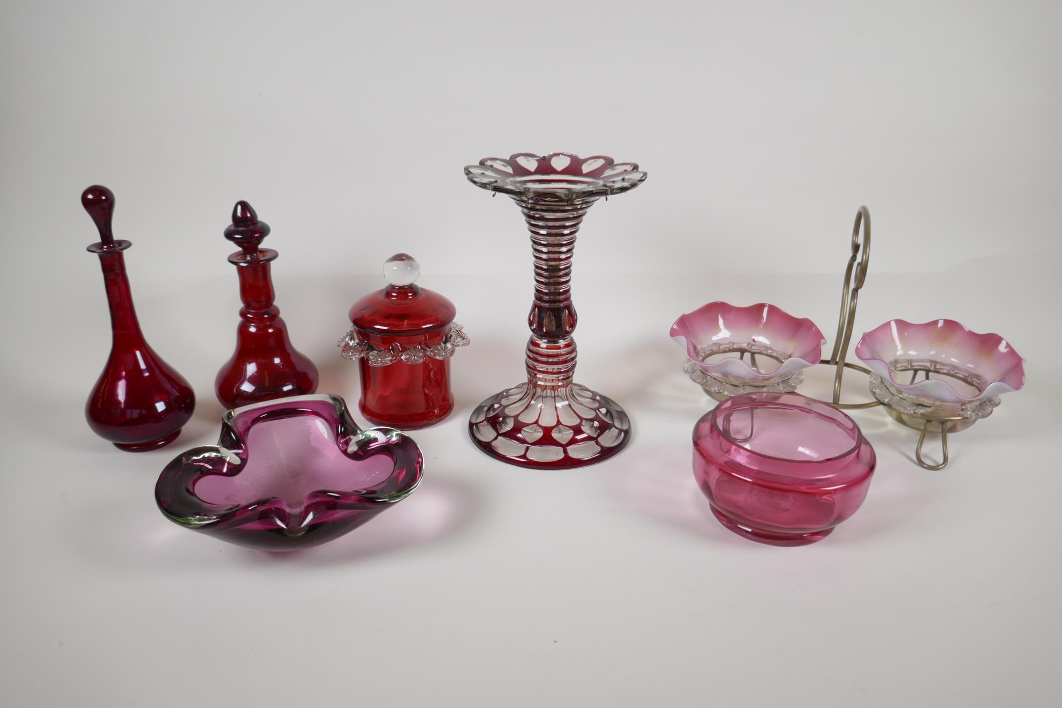 A collection of C19/20th Ruby & Cranberry glass. Including a lustre, perfume bottles, pots,