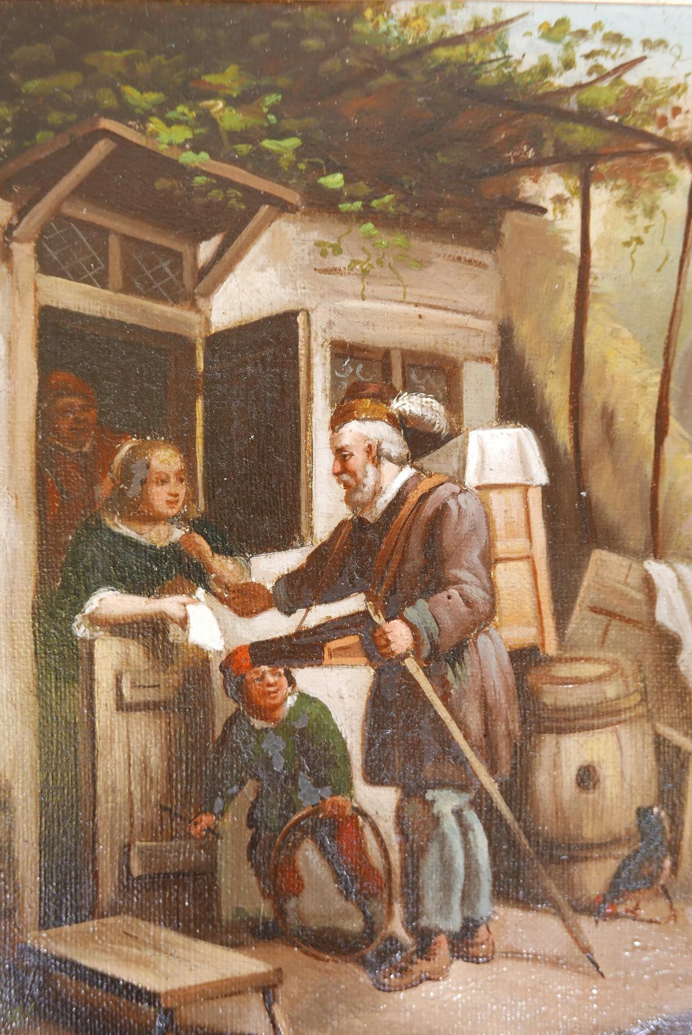 A pair of genre scenes, a knife grinder, and a hawker, oils on canvas, signed with a monogram, - Image 4 of 8
