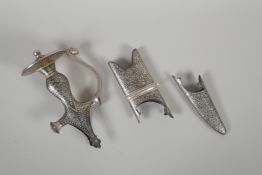 An Indo Persian bidri style sword hilt & matching scubbard mounts, the hilt 7½" long