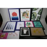 x11 contemporary art prints, largest 10" x 14½", 2 unframed.