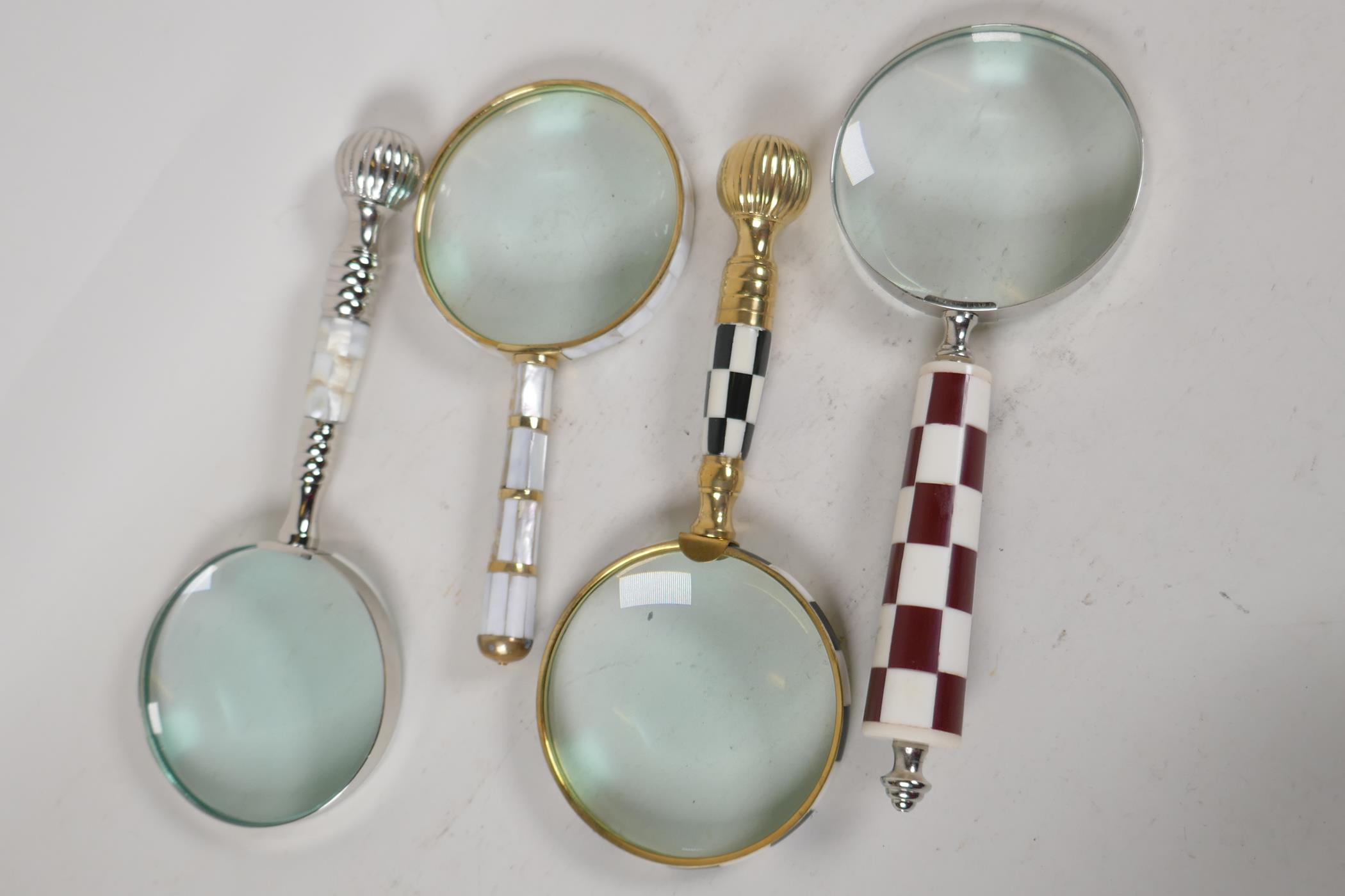 Four desk top magnifying glasses with bone & shell handles. Lens 4" diameter - Image 2 of 2