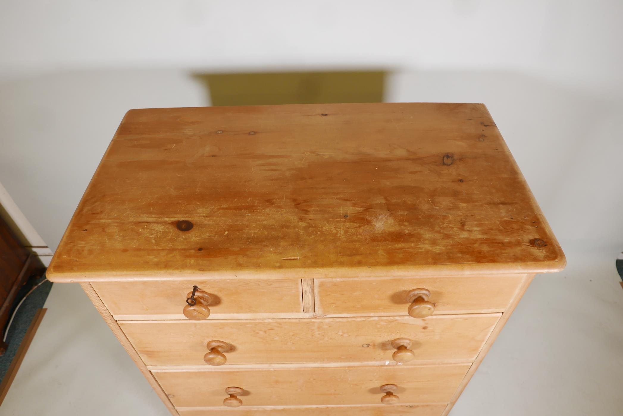 C19th stripped pine chest of two over three drawers, raised on a plinth base, 37" x 20" x 43" - Image 3 of 3