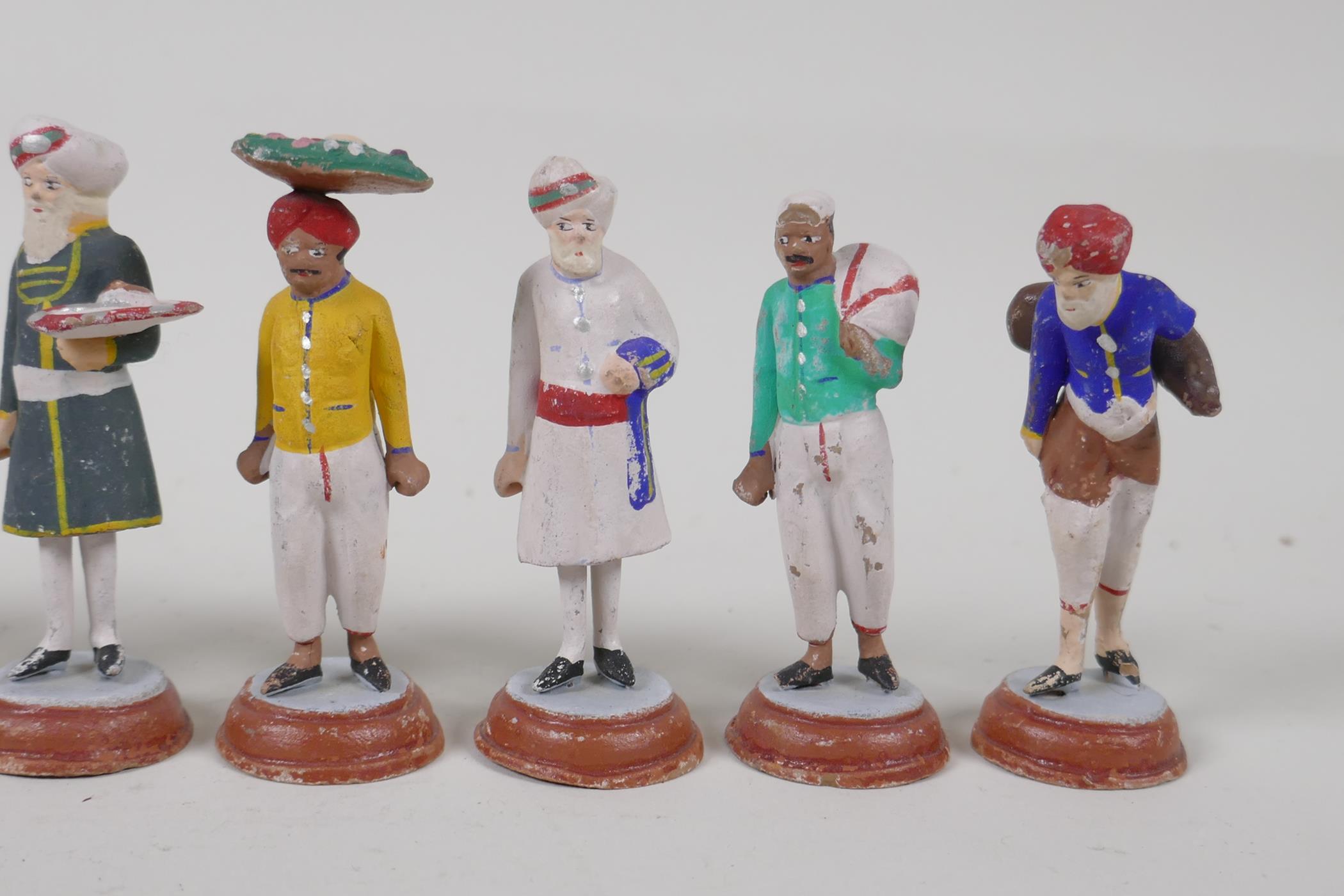 Twelve Indian painted terracotta figures, depicting various professions, AF, largest 3½" - Image 5 of 5