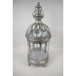 A silver plated, metal & glass cylindrical garden lantern, 24" high