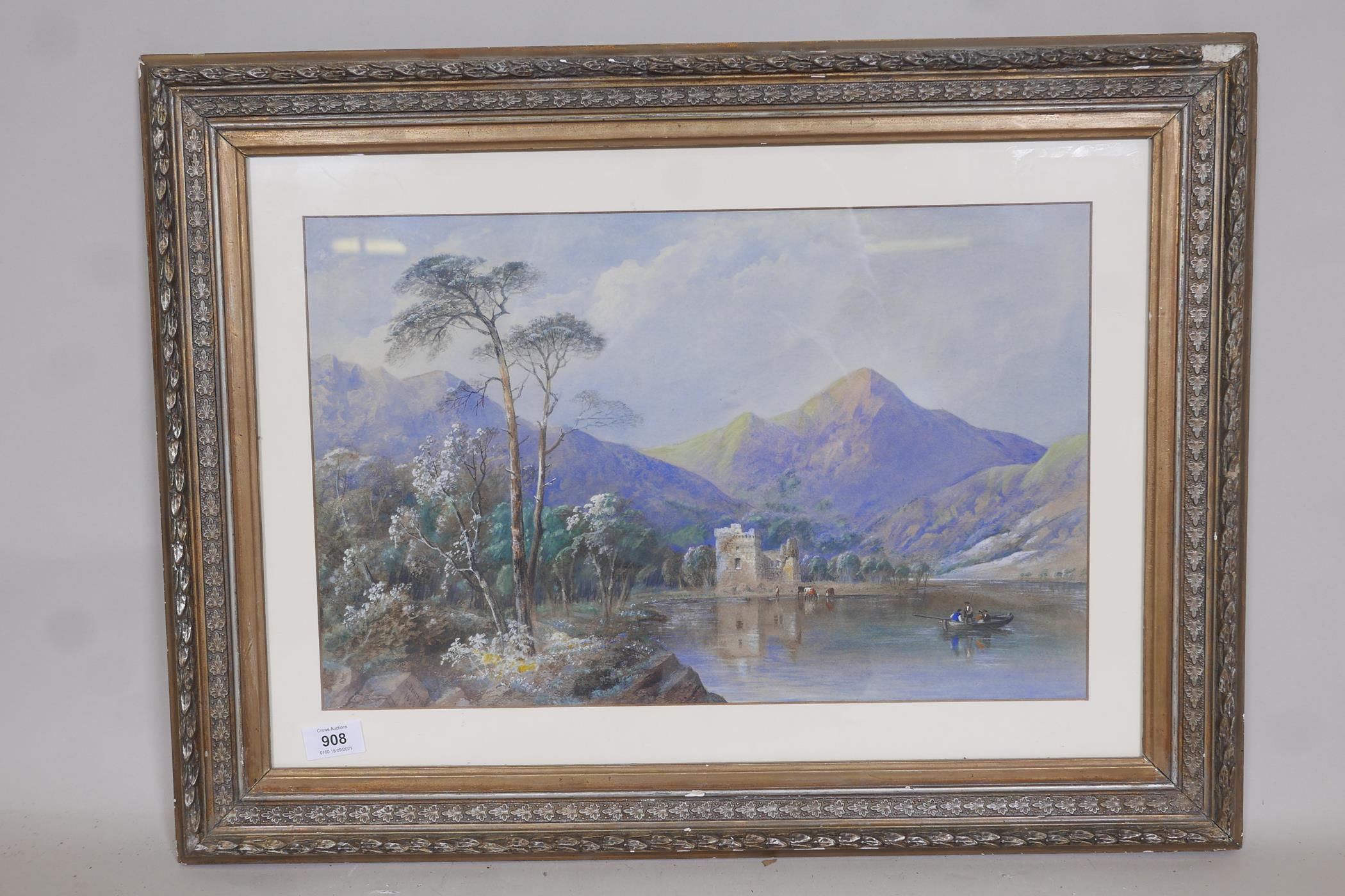 Cornelius Pearson, lake scene with highland mountains, watercolour heightened with white, signed and - Image 2 of 4