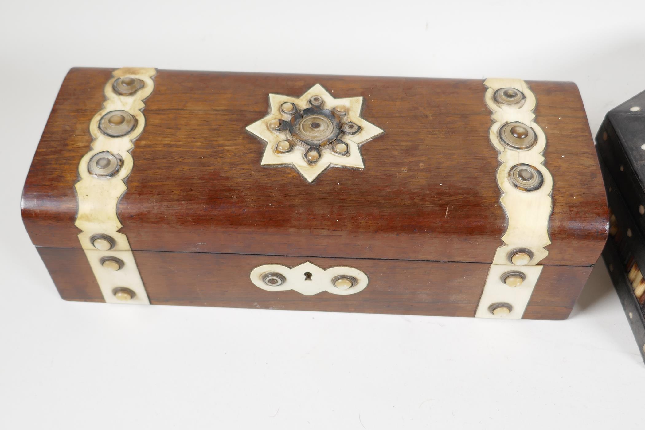 A C19th hexagonal quillwork trinket box, and a C19th rosewood glove box, with bone and mother of - Image 3 of 4