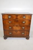 C18th Queen Anne walnut veneered chest of drawers, with cross banded top, two over three drawers