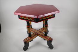 A Russian Soviet hand painted occasional table, with later hexagonal top, c1935. 18" high x 16"