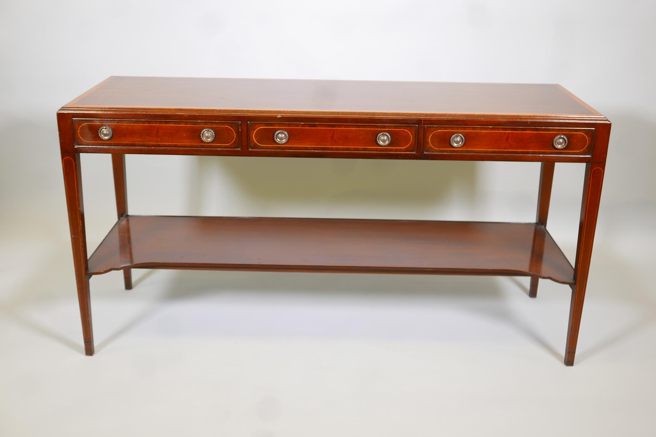 Georgian style mahogany side table/buffet with burr walnut crossbanded top over three drawers and