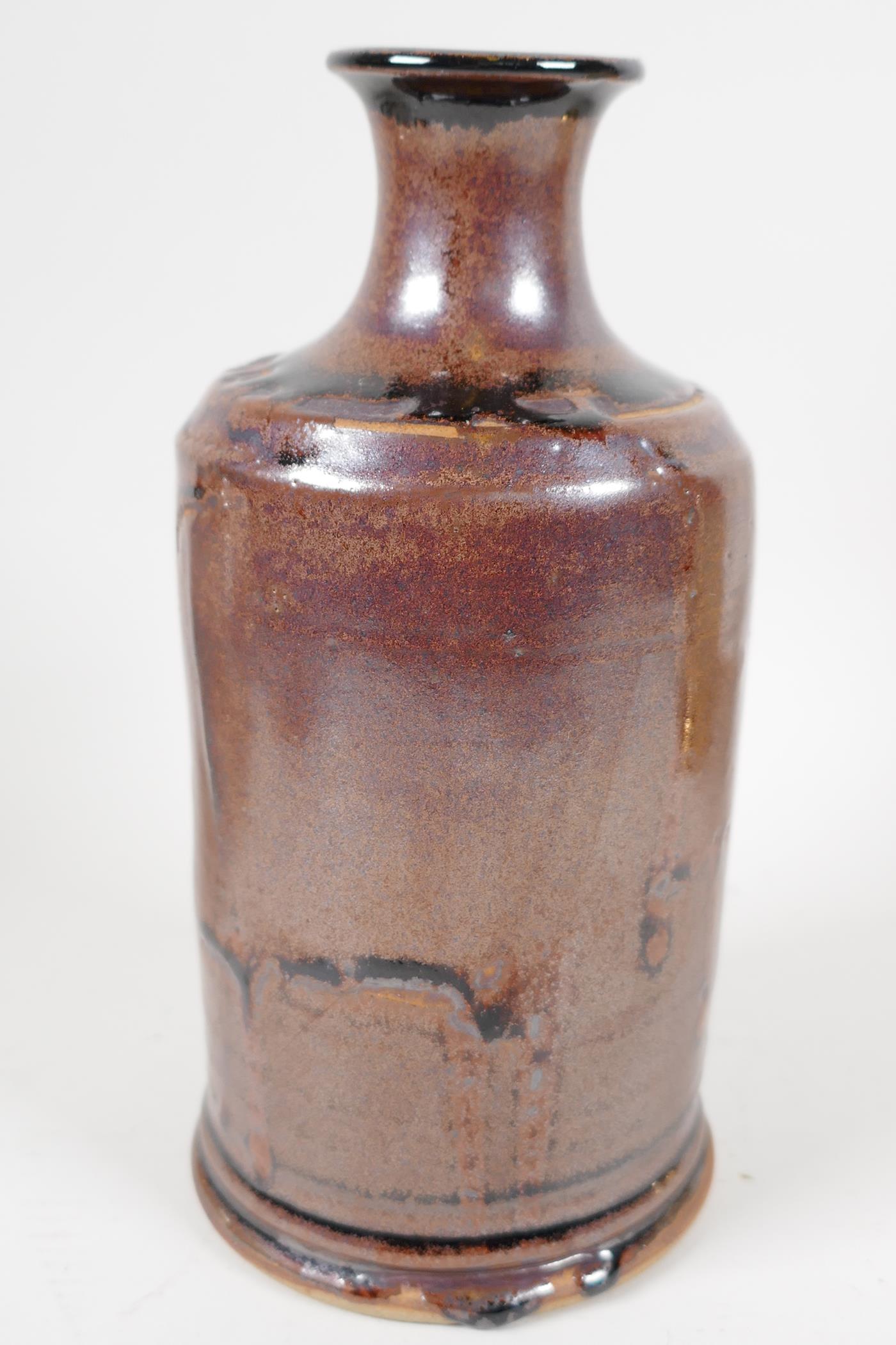 A drip glazed stoneware bottle vase of tubular design with narrow neck, 7½" long - Image 3 of 4