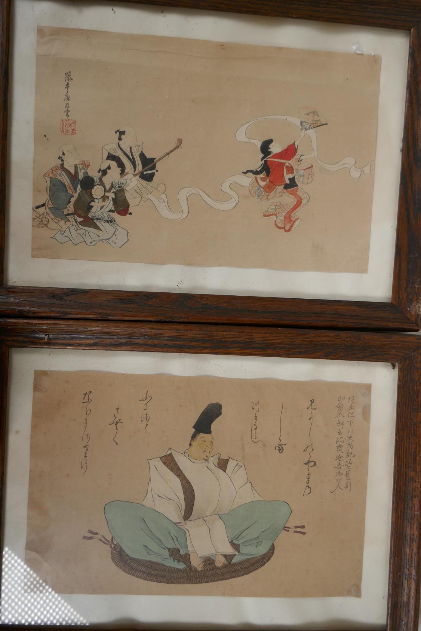 A Japenese colour print of musicians and a ribbon dancer, 11½" x 7½", and another of a seated