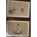 A Japenese colour print of musicians and a ribbon dancer, 11½" x 7½", and another of a seated