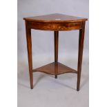 A Victorian inlaid rosewood two tier corner table, raised on tapering supports, bears label
