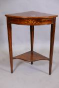 A Victorian inlaid rosewood two tier corner table, raised on tapering supports, bears label