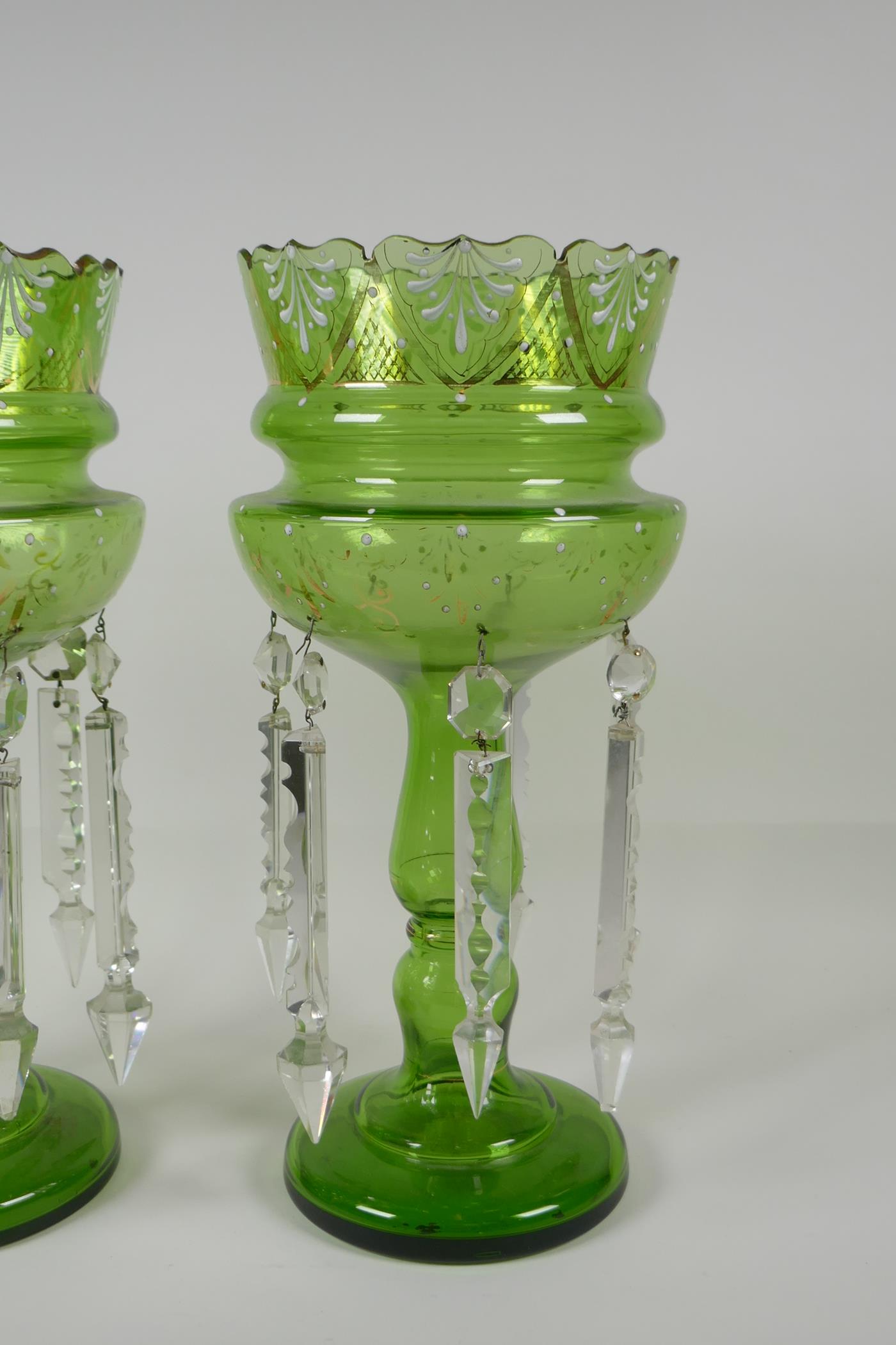 A pair of Bohemian green glass lustres, with gilt & enamel decoration, 1 drop missing, AF, 13½" high - Image 2 of 5