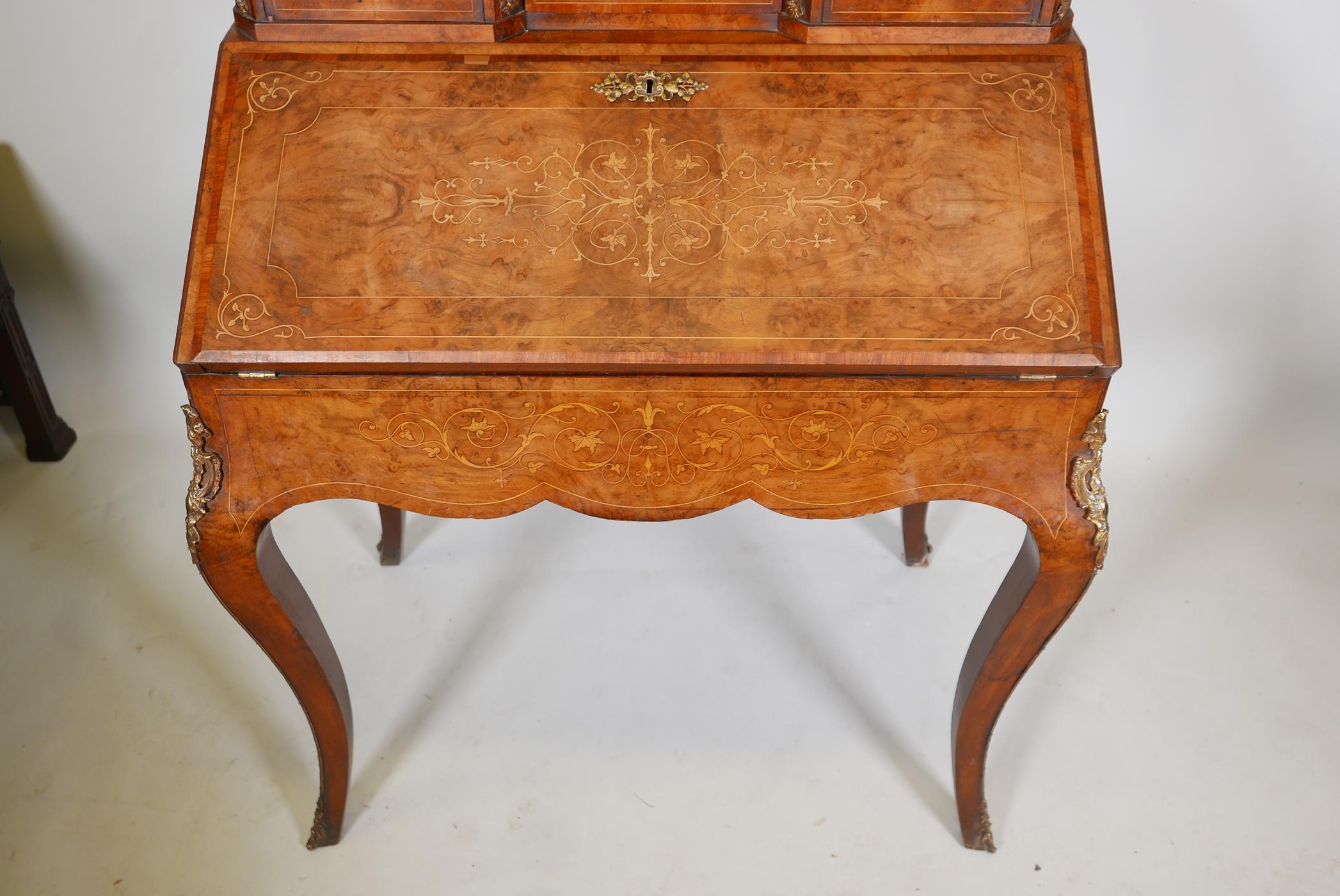 A Victorian inlaid, figured and burr walnut bonne-heure-de jour, with a brass galleried top and - Image 5 of 7