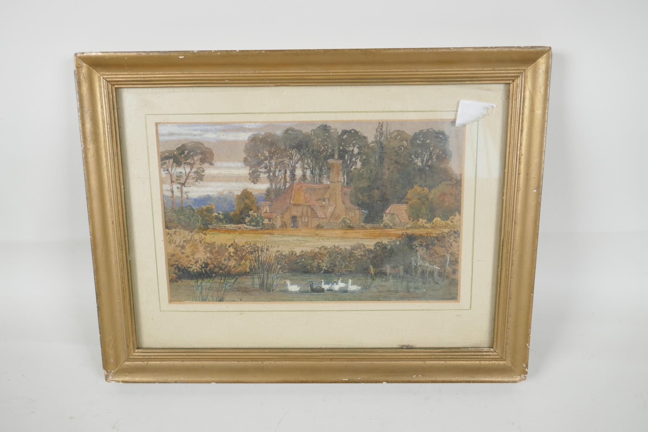 A C19th watercolour drawing of a remote farm house, with a duckpond to foreground, 8½" x 5" - Image 3 of 3