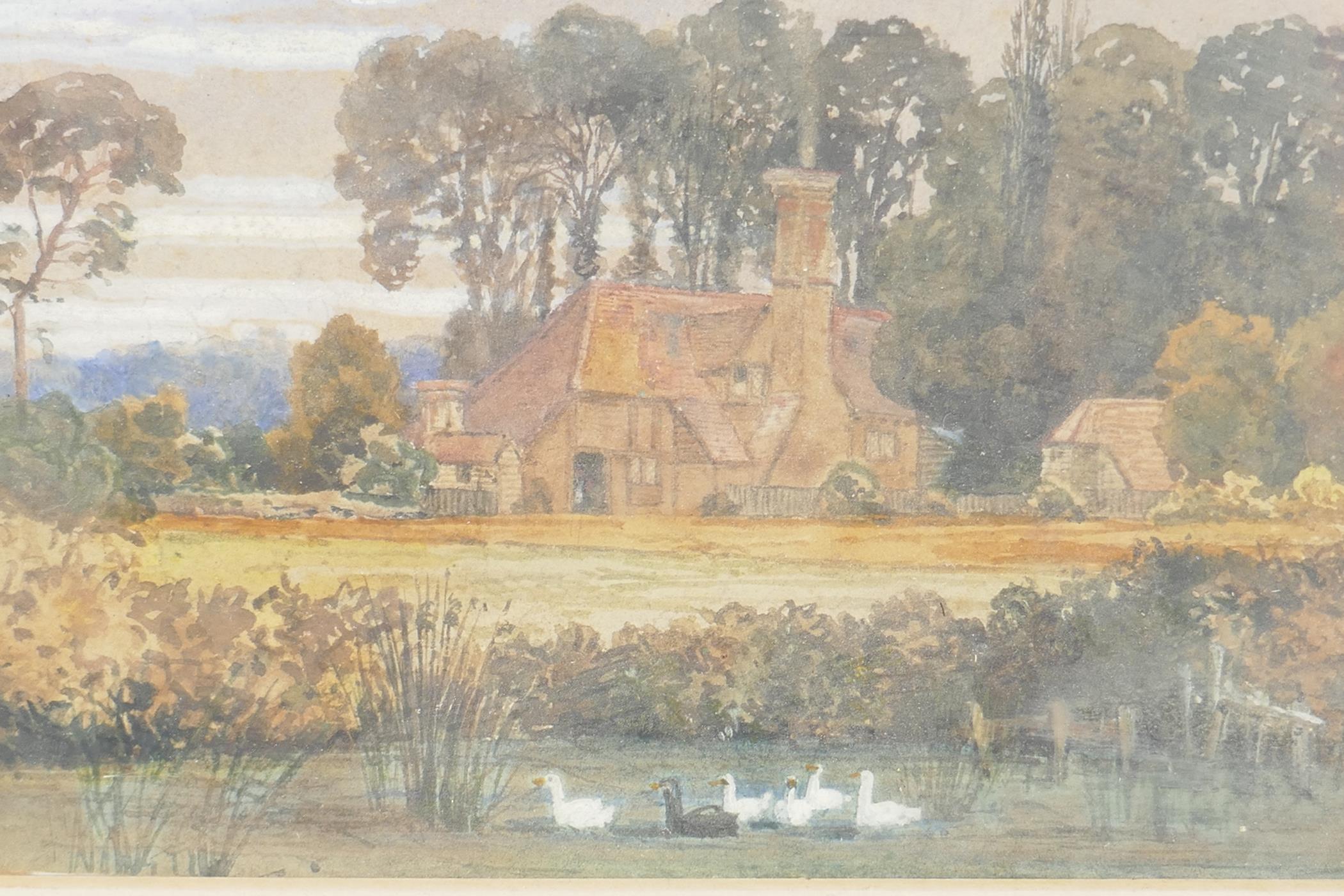 A C19th watercolour drawing of a remote farm house, with a duckpond to foreground, 8½" x 5"