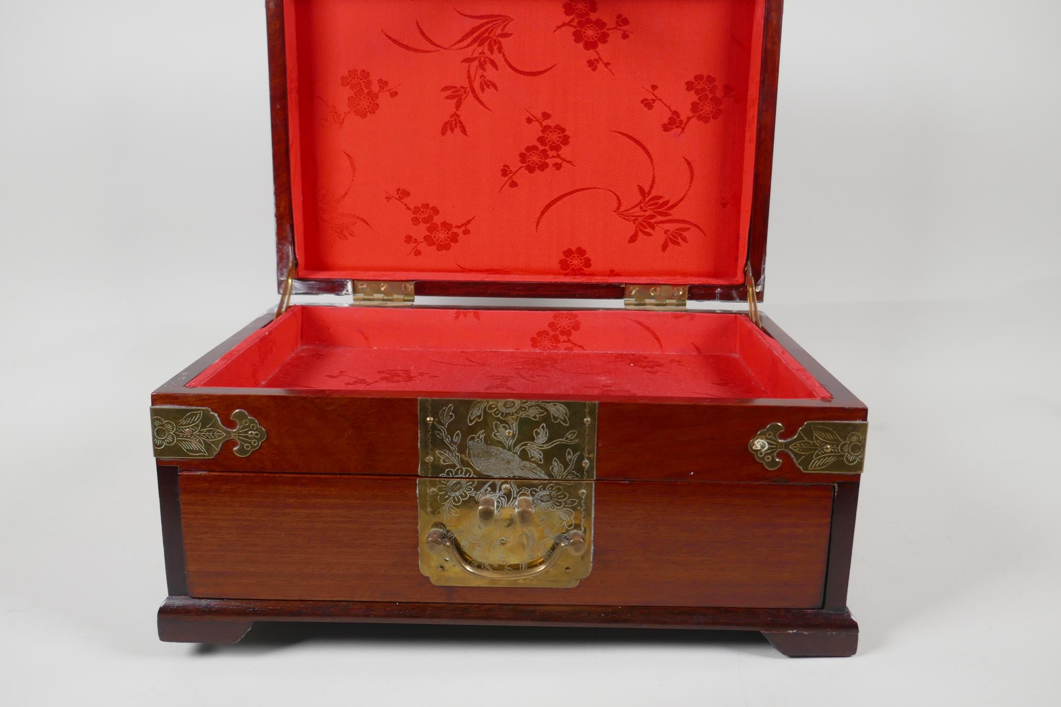 An Oriental brass bound hardwood jewellery box. With inset carved jade plaque to the lid and - Image 4 of 6