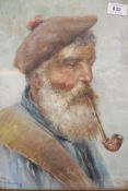 Man in a beret, smoking a pipe. Oil on board, signed R.F, mid C20th. 11" x 16"